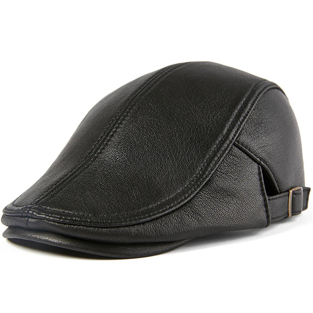 BUTTERMERE Men Beret Hat Real Leather Flat Cap Sheepskin Autumn Winter Male Brown Adjustable High Quality Gatsby Mens Beret Caps