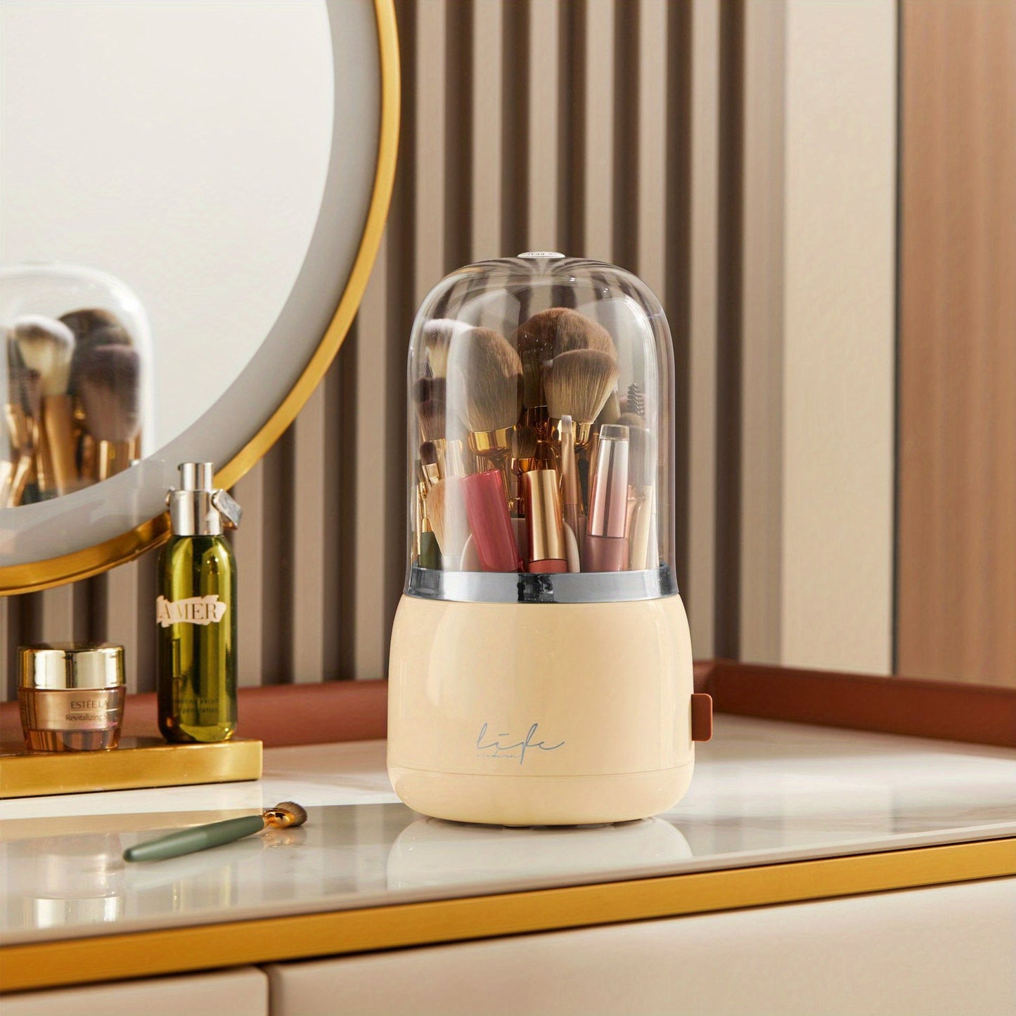 Dustproof 360° Rotating Makeup Brush Holder Organizer with Clear Lid for Vanity Desktop - Keep Your Brushes Clean and Accessible