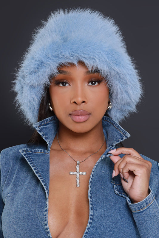 Pillow Talk Faux Fur Bucket Hat - Blue